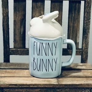 Rae Dunn FUNNY BUNNY blue topper mug